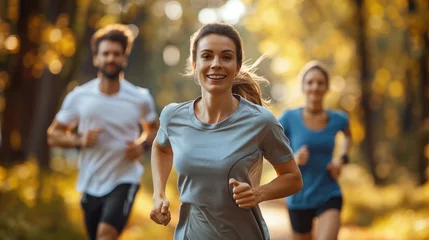 Fotobehang Happy couple jogging outdoors, enjoying friendly competition in sportswear for cardio fitness and health © yevgeniya131988