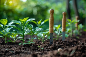 Handled gardening tools stuck in the soil with growing plant sprouts in a domestic garden
