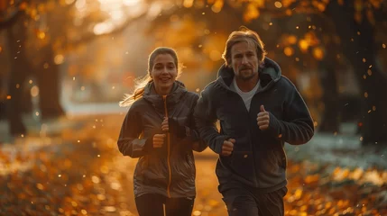 Keuken spatwand met foto Happy couple jogging outdoors, enjoying friendly competition in sportswear for cardio fitness and health © yevgeniya131988