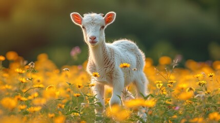 Fototapeta premium White goat standing upright in a meadow facing the camera