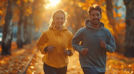 Fotobehang Happy couple jogging outdoors, enjoying friendly competition in sportswear for cardio fitness and health © yevgeniya131988
