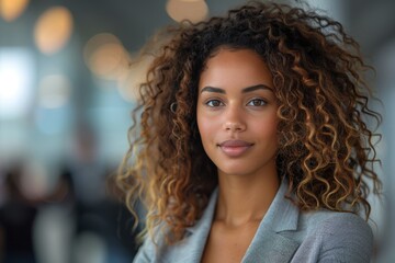 Young, confident biracial businesswoman with curly hair, indoors with soft light - Powered by Adobe