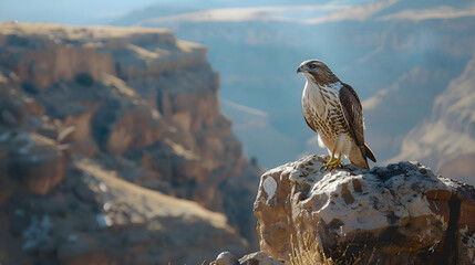 Majestic hawk perched on rocky cliff, surveying vast canyon below