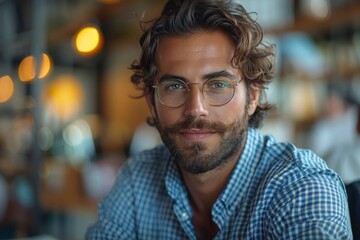 Obraz premium A stylish businessman with curly hair and glasses ponders in a café, illustrating composure and contemplation