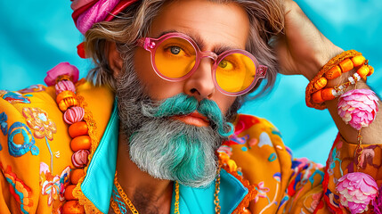 Fashionable Man with Colorful Feather Details. Unique and stylish perspective on modern masculinity and creativity