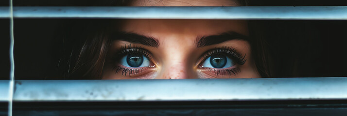 Young woman's eyes looking through windows blinds. Generative AI