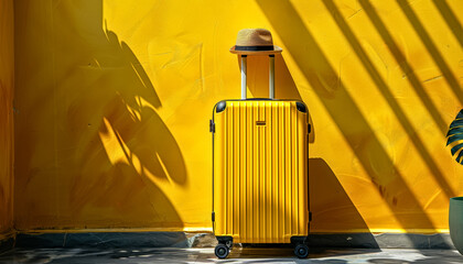 Elegant Yellow Suitcase and Hat on yellow Background. Travel, fashion, and leisure concept