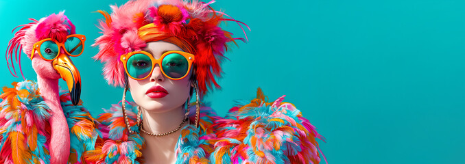Fashion models in sunglasses and feather outfits and stylish flamingo on turquoise background.