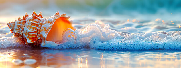 A large shell floats in the ocean.Golden Sunrise over Sea Shell in Ocean Spray.Beauty of nature's marine details.