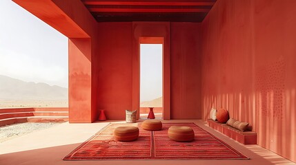a serene morning scene in a contemporary artist studio located in AlUla, Saudi Arabia, highlighting a minimalist design with a red theme and traditional Saudi patterns as intricate details