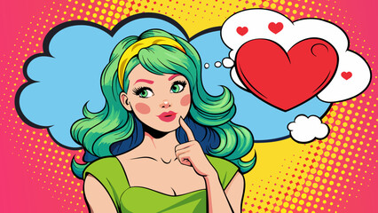 pop art woman hold heart with thought bubble comi 