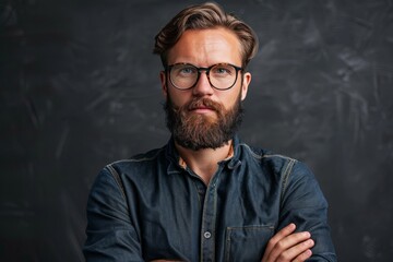 Obraz premium A man with beard and glasses crosses his arms while wearing a denim shirt against a dark background