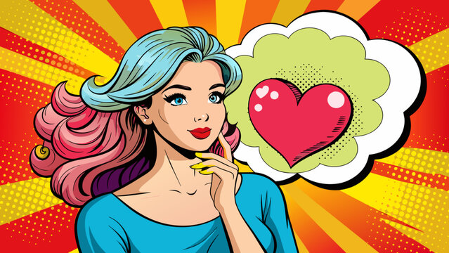 pop art woman hold heart with thought bubble comi 