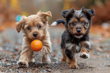 Puppies frolicking joyfully, chasing and rolling a ball around, exuding boundless energy and pure happiness