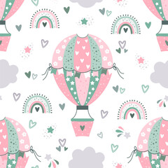 Seamless pattern with spring hot air balloons. Flowers, rainbows, clouds, comets. Vector illustration.