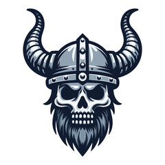 Viking head skull in helmet with horn vector illustration, Nordic Scandinavian warrior, suitable for t-shirt, logo design, tattoo. Design template isolated on white background