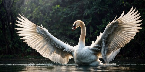   A swan gracefully flaps its wings while swimming in a tranquil pond surrounded by lush foliage