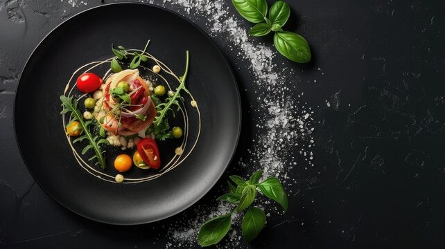 Elegant gourmet tartare on dark background - Exquisite presentation of tartare with vibrant ingredients on a black plate conveying luxury and fine dining