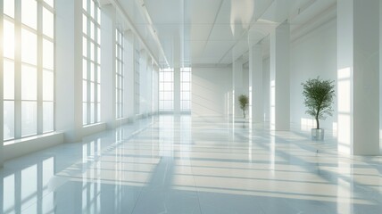 Sunlit modern corridor with reflective flooring - A bright, contemporary space with sunlight streaming through large windows, creating a warm and welcoming corridor