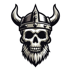 Viking head skull in helmet with horn design illustration, Nordic Scandinavian warrior, suitable for t-shirt, tattoo, logo design. Vector template isolated on white background
