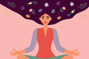 Fototapeta na wymiar Meditation and yoga, mental health. A woman sits cross-legged and meditates. Vector illustration.