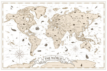 Fototapeta na wymiar World Map Vintage Ancient Cartoon - Vector Illustration. Sepia Colors