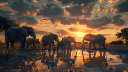 Mighty elephant family gathered around a watering hole at sunset