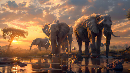 Mighty elephant family gathered around a watering hole at sunset - obrazy, fototapety, plakaty