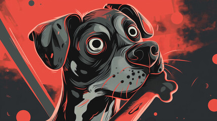 Animated dog with a bone, in the style of crisp neo-pop illustrations, red and gray, character studies, monochromatic color scheme, line and dot work