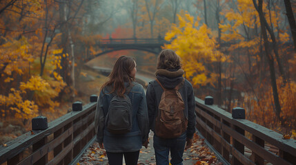 Two people walking on a bridge in an autumn park with colorful foliage.