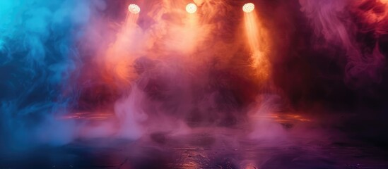 Glowing background with spotlight and smoke. Stage concept and copy space.
