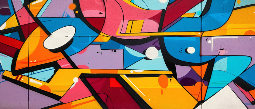 Naklejki Graffiti-style lettering bursts with life amidst a backdrop of vibrant abstract shapes, transforming an ordinary wall into a vibrant expression of urban culture.