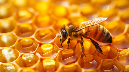 Honeybee on Honeycomb Background, golden, warm backlight. Food concept and Beekeeping.
