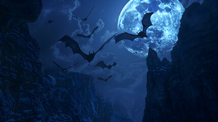 Nocturnal bats soaring through a moonlit canyon