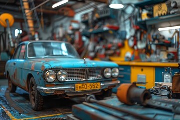 An old, dusty blue car with faded paint sits amidst a cluttered workshop, evoking nostalgia and the passage of time