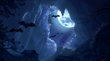 Nocturnal bats soaring through a moonlit canyon