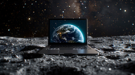 Laptop on a moon surface with Earth view on screen, depicting global connectivity or space exploration concept. - obrazy, fototapety, plakaty