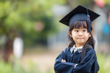 Smiling young asian girl in graduation cap and gown