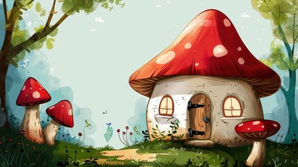 An enchanting mushroom house nestled in a fairy-tale forest, with twinkling lights suggesting a magical ambiance, perfect for fantasy themes.