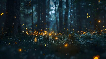 Nocturnal fireflies dancing in a dark forest clearing - obrazy, fototapety, plakaty