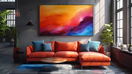 Fotobehang wall art mockup featuring a modern digital art piece, with vibrant colors and abstract shapes, adding a bold and dynamic focal point to any room, portrayed in cinematic 16:9 perfection. © RANA