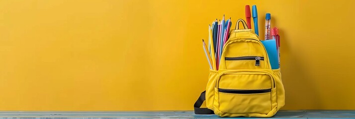 School bag essentials  stationery supplies banner design for education on yellow background