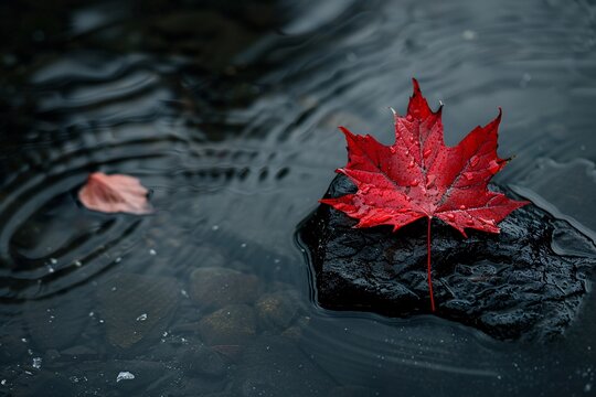 a red leaf on a rock in water