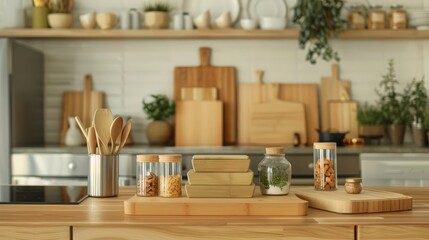 Modern kitchen with neatly organized jars of ingredients on shelves, ideal for culinary and home organization content.