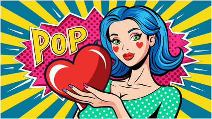 pop art woman hold red heart comic woman pop ar