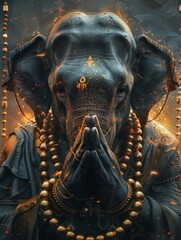 An elephant dressed in black cloth with hands clasped together with golden light and energy surrounding
