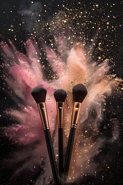 Tres brochas aplicadoras de maquillaje con polvo de rubor color rosa, amarillo y dorado en una explosion de colores en un fondo negro. Imagen con espacio para copiar