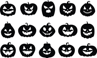 Collection of Halloween pumpkins carved faces silhouettes icons set. Black isolated face patterns on transparent background. Scary and funny faces of Halloween pumpkin or ghost. Vector flat