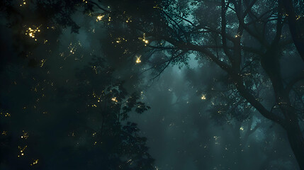 Nocturnal fireflies lighting up a dark forest canopy - obrazy, fototapety, plakaty