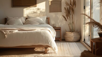Morning light streaming through a bedroom window, casting a warm glow on a cozy, unmade bed, perfect for home and lifestyle themes.